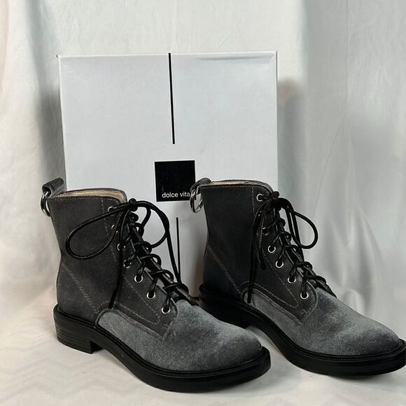 NIB Dolce Vita Bardot Charcoal Velvet Combat Boots Booties - 6.5 - Picture 1 of 8